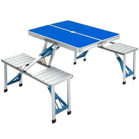 Outsunny Folding Picnic Table with Umbrella Hole, Aluminum Suitcase Portable Outdoor Table with Bench, Patio, Porch or Camping Table and Chair Set