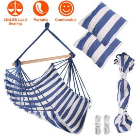 Hammock Hanging Chair Canvas Porch Patio Swing Seat Portable Camping Rope Seat Wooden Stick Hammock Chair with 2 Pillows 265LBS Load-bearing (Color: Blue)